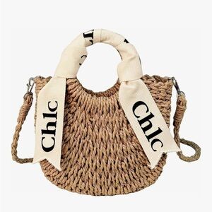 Chic Straw Woven Tote Bag with Ivory Ribbon Handle